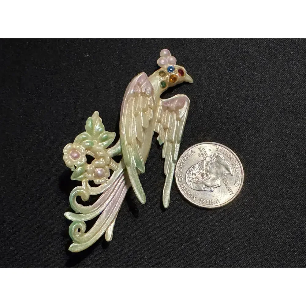 1930's Carved Celluloid Rhinestone Brid Brooch